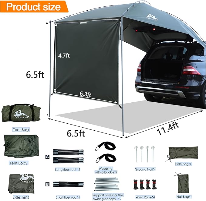 SUV Tailgate Tent with Awning,Waterproof 3000MM UPF 50+,Tailgate Shade Awning Tent for Full Size SUV/Van/MPV/CUVCamping (Large Size)