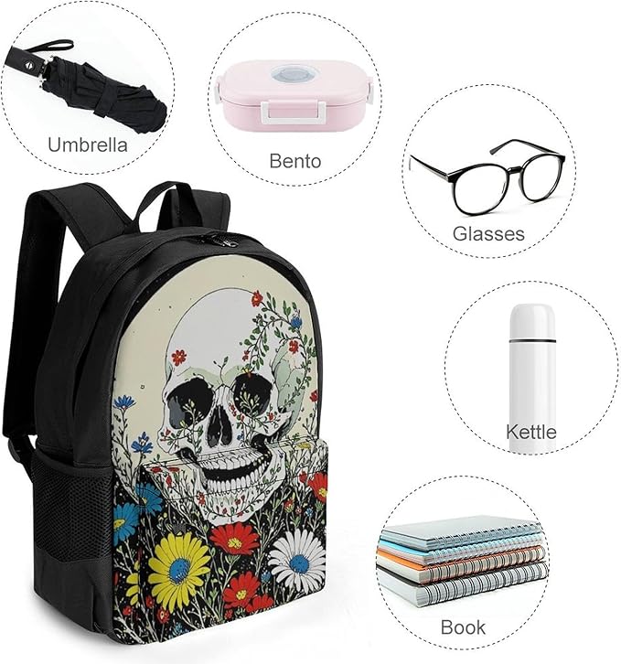 Adults Lightweight Psychedelic Skull Skeleton Floral Art Shoulder Book Bags Big Capacity Shoulder Bag With Adjustable Shoulder Straps for Trekking Work Walking Cycling