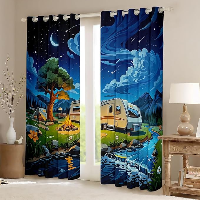 Manfei Happy Camping Blackout Curtains Camper Trailer Bonfire Tent Window Drapes,Adventure Theme Window Treatments,Kids Boys Girls Room Decor,Grommet Top 2 Panel Set Bedroom Curtains, 52Wx84L inch