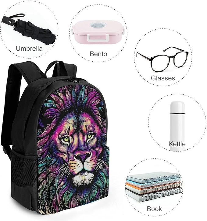 Supdreamc Polyester Daypack Bookbag for Gym Business Bicycle, Large Capacity Multipurpose Anti-Theft Carry On Bag, Colorful Lion Galaxy Art Travel Hiking Daypack