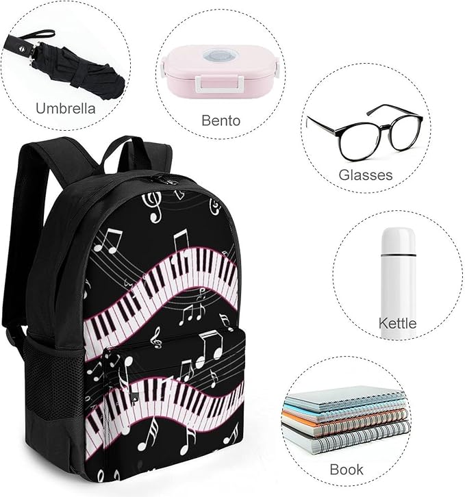 Supdreamc Lightweight Rucksacks for Camping Picnic Walking Cycling, Large Capacity Multipurpose Anti-Theft Carry On Bag, Black And White Piano Keys Music Note Travel Hiking Camping Rucksack