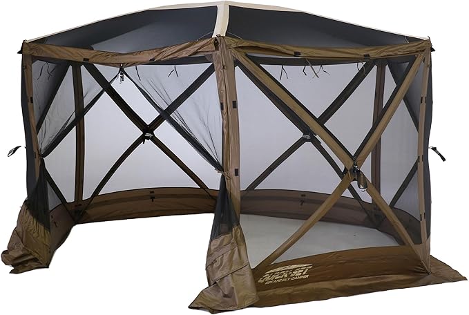CLAM Quick-Set Escape Sky Camper 11.5’ x 11.5’ Pop-Up Outdoor Gazebo Instant Screen Tent 6-Sided Canopy Shelter w/Ground Stakes & Carry Bag, Brown
