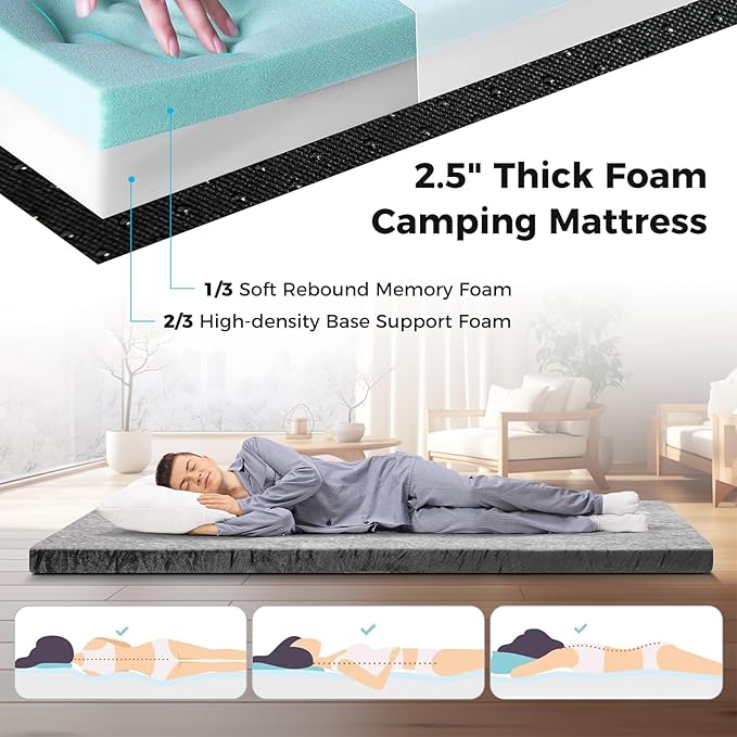 S AFSTAR Memory Foam Camping Mattress, Roll Up Travel Mattress w/Carry Bag, Removable Cover, Plush Surface, Anti-Slip Bottom, 72” Portable Foldable Floor Mat for Camping Car Travel