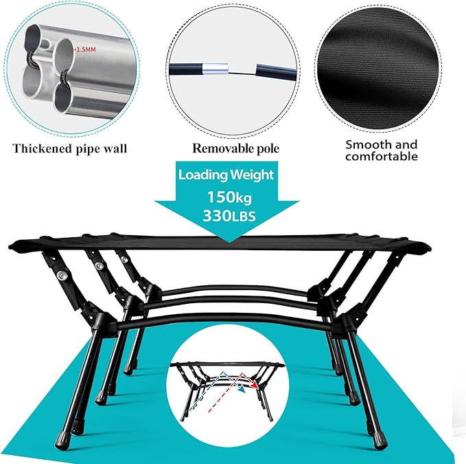 OSWIN Adult Backcountry Camping cot with Leg Extension, rollaway Camping cot, Ultralight Folding Backpack Bed, Support 330-pound, Portable Camping Bed Outdoor Hiking RV Beach（Black）