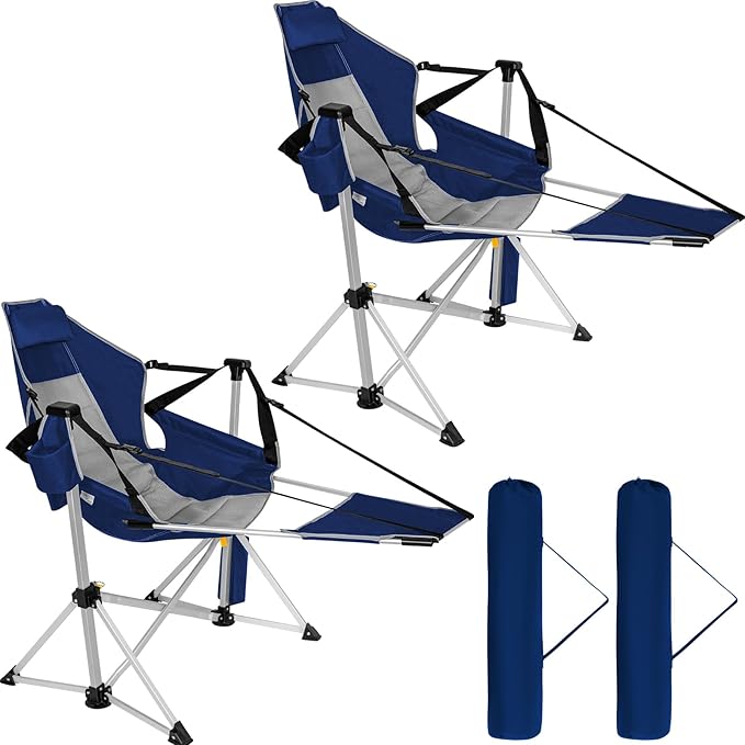 Romswi 2Pk Aluminum Hammock Camping Chair with Footrest, Oversized Portable Swinging Chair with Adjustable Back & Seat, Lightweight Folding Rocking Camp Chair Supports 440lbs for Outdoor, Patio Blue