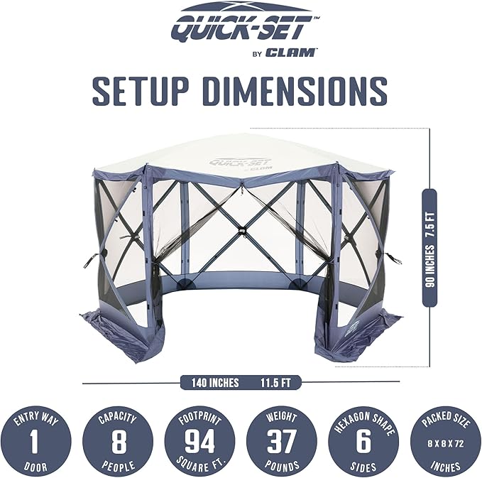 CLAM Escape 11.5' Pop-Up Screen Tent – Blue Outdoor Camping Gazebo Canopy with No-See-Um Mesh, Carry Bag & Stakes – 6-Sided Portable Shelter for Camping, Picnics, & Events – Fast 45-Second Setup