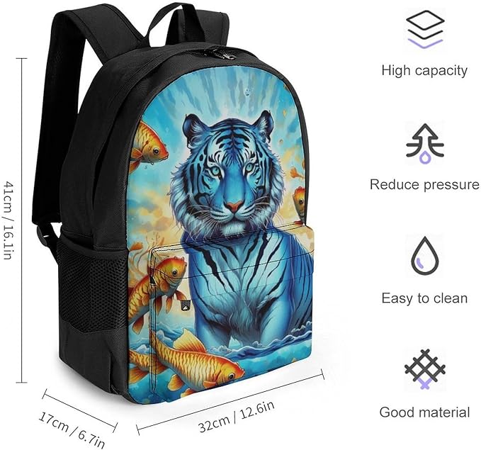 Rucksack Multipurpose Anti-Theft Big Capacity Shoulder Bag, Trippy Tiger Goldfish Travel Hiking Camping Rucksack With Side Pockets