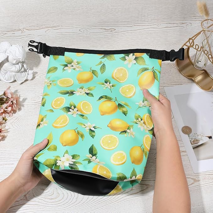 Floating Waterproof Dry Bag Backpack 5L Lightweight Lemon Flower Pattern PVC Roll Top Dry Sack for Kayaking Boating Camping Fishing Swimming Beach Rafting Hiking Outdoor Activities