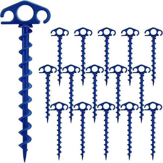 Tent Stakes Ground Anchors Screw in, 16 Pack Sand Stakes for Beach 9.4 Inch Heavy Duty Spiral Tent Pegs for Camping, Party, Hiking, Outdoor Decoration (16, Blue)