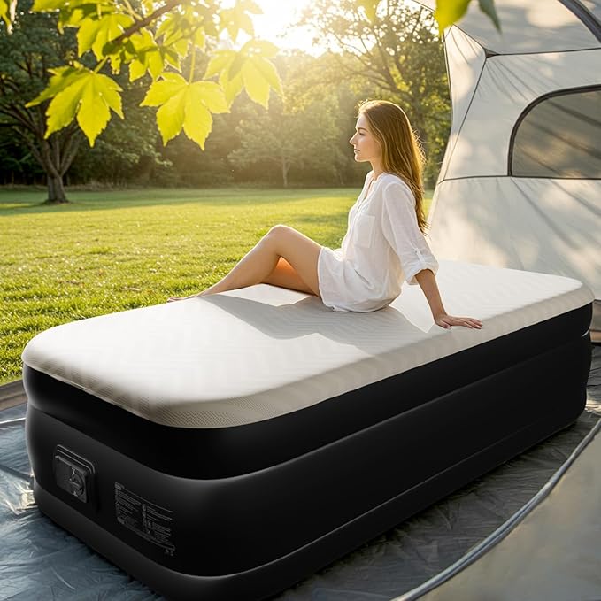 Outvita 18in Queen Air Mattress with Built-in Pump, Quick Assembly Comfort Blow Up Sleeping Mat for Guests and Home, Camping, Travel, Air Bed 650lbs Weight Capacity (75 * 39 * 18in)