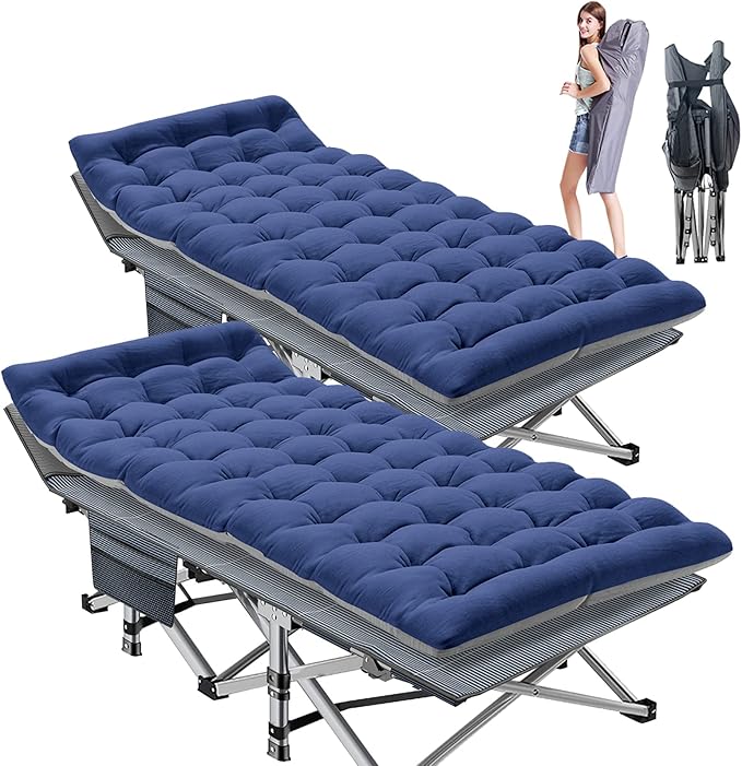 ABORON 2 Pack Folding Camping Cot W/Mat for Adults, Heavy Duty Outdoor Bed with Carry Bag,1200 D Layer Oxford Travel Camp Cots