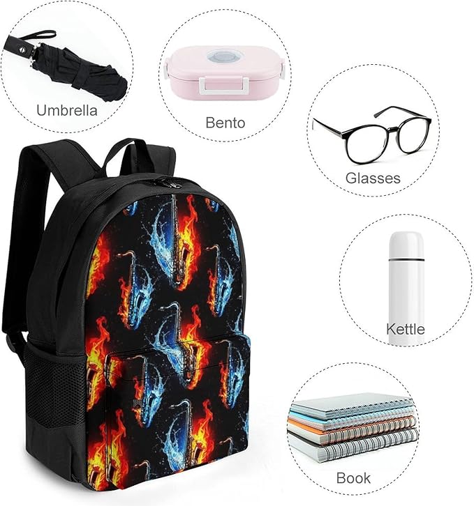 Lightweight Daypack Bookbag for Trekking Business Walking Cycling, Big Capacity Anti-Theft Multipurpose Carry On Bag, Water Fire Saxophone Business Computer Bag