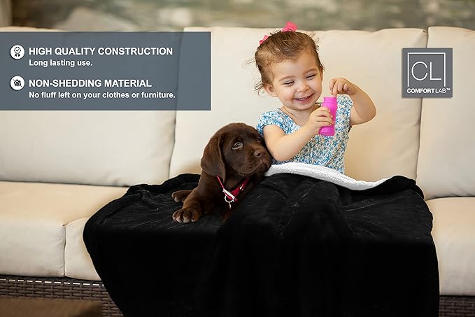 Comfort Lab Reversible Flannel Sherpa Throw Blanket - Elegant Fluffy Throw Blankets for Couch and Home Decor - Anti Pilling Non Shedding Cozy & Warm Fleece Throws - Baby/Pet (30" x 40") - Black