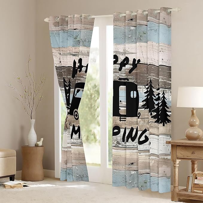 Camper Adventure Blackout Curtains,RV Trailer Pine Tree Natural Blackout Curtains,Wooden Plank Cottage Farmhouse Boys Girls Room Decor,Rustic Blue 2 Panels,52Wx90L inch