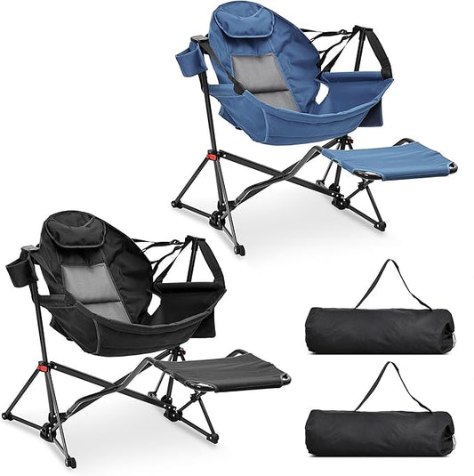 Ainfox Hammock Camping Chair with Footrest, Heavy Duty Foldable Portable Rocking Hammock Chairs Outside Swinging Camp with Cup Holder Pillow for Outdoor Patio Poolside Black Dark Blue