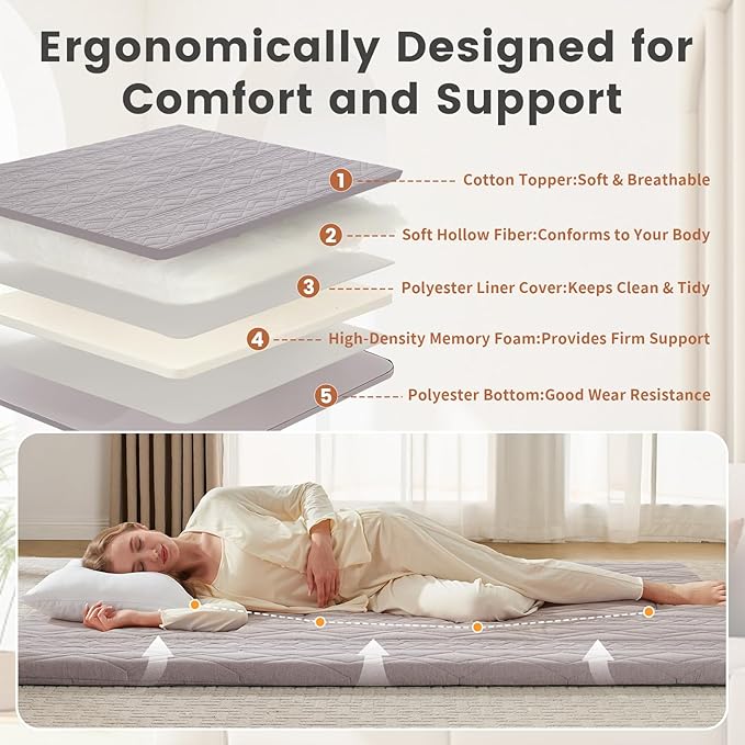 Japanese Floor Mattress Futon Mattress, 100% Cotton Washable Cover, Roll Up 2.5" Thick Tatami Mat, Portable & Foldable Floor Bed Mattress for Sleeping, Guest Room, Dormitory (Twin, Grey)