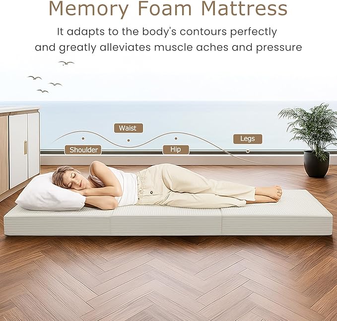 6-Inch Tri-Fold Mattress Twin Size - Foldable Futon Sofa Bed with Removable Washable Cover, Folding Memory Foam Futon Mattress | Non-Slip Bottom & Carry Handles for Guest, Camping, Dorm