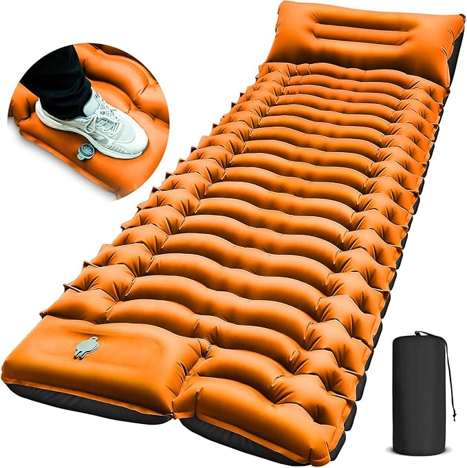 Camping Sleeping Pad, Ultralight Camping Pad with Pillow Built-in Foot Pump Inflatable Sleeping Pads Compact for Camping Backpacking Hiking Traveling - Orange