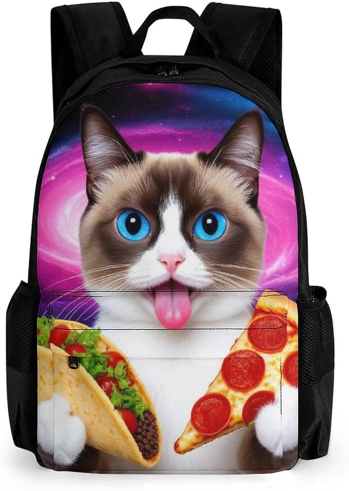 Supdreamc Polyester Daypack for Hiking Work Running, Big Capacity Anti-Theft Multipurpose Shoulder Bag, Funny Cute Galaxy Cat Taco Pizza Travel and Sport Backpack Rucksack