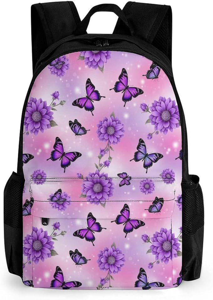 Rucksacks Lightweight Multipurpose Anti-Theft Butterfly Purple Flowers Shoulder Bag Big Capacity Traveling Camping Backpack With Side Pockets