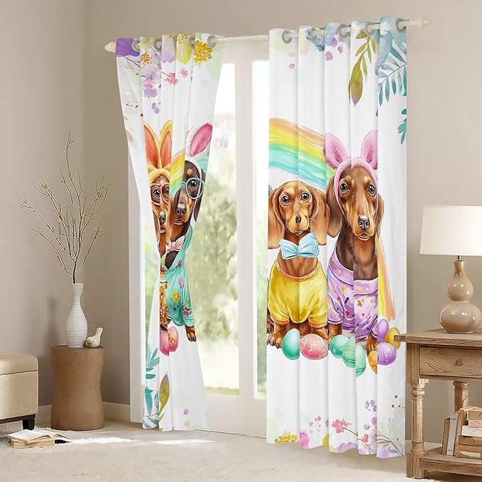 Dachshund Cute Dog Window Curtain | Beach Party Window Drapes for Boys Bedroom Decor,Tropical Palm Blackout Curtains Rainbow Floral Living Room Top 2 Panels,42Wx63L