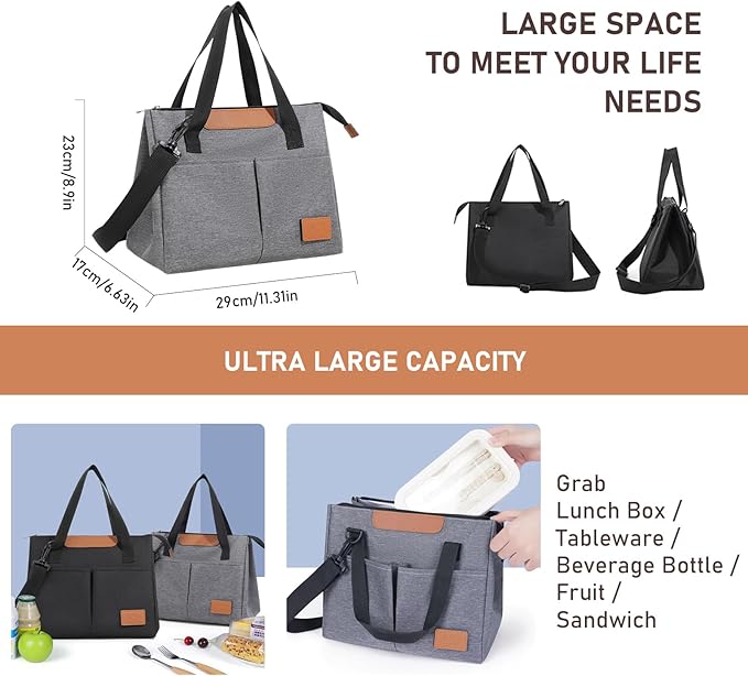 Lunch Bag Women Insulated Lunch Box Reusable Leakproof Large Spacious Cooler Tote for Women Men Adult with Removable Adhesive Decoration for Work Office Travel Picnic
