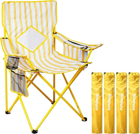 Nazhura 4 Pack Folding Camping Chair with Cooler Pouch, Mesh Backrest and Cup Holder Pocket (Yellow, 4 Pack)