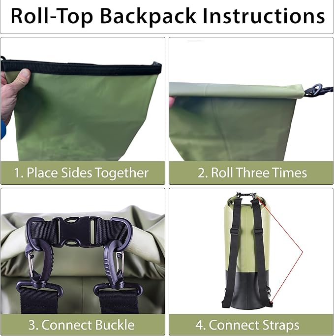 Malo’o DryPack 30L Waterproof Kayak Dry Bag, Heavy Duty Roll-Top Dry Bag with MOLLE Grid and Carry Straps for Fishing, Paddle Boarding, Boating, Camping, and Travel, Green