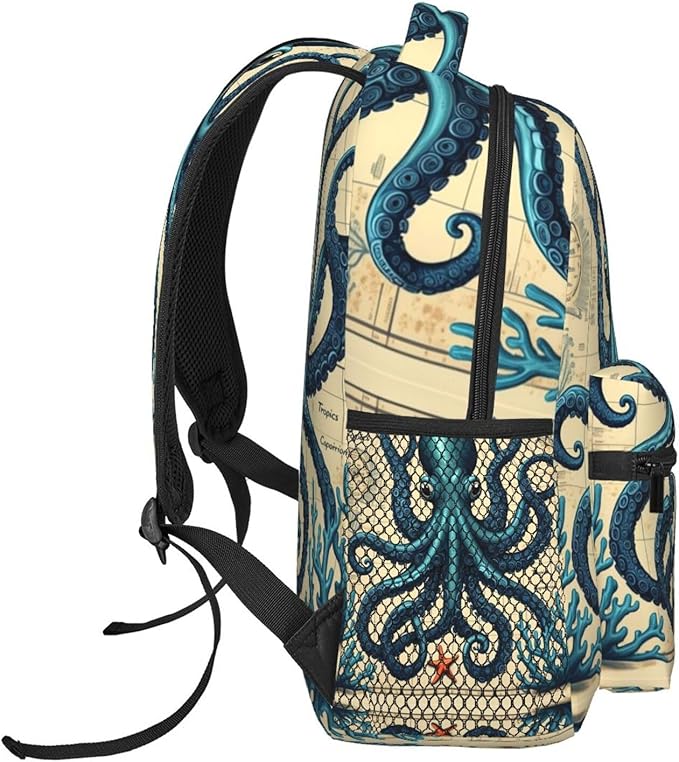 Backpack Multipurpose Anti-Theft Large Capacity Bookbag, Retro Octopus Art Travel Hiking Daypack With Side Pockets