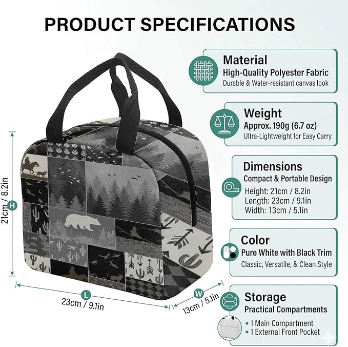 Western Retro Denim Insulated Lunch Bag Bear Deer Bird Nature Landscape Cactus Thermal Tote Portable Size (01)
