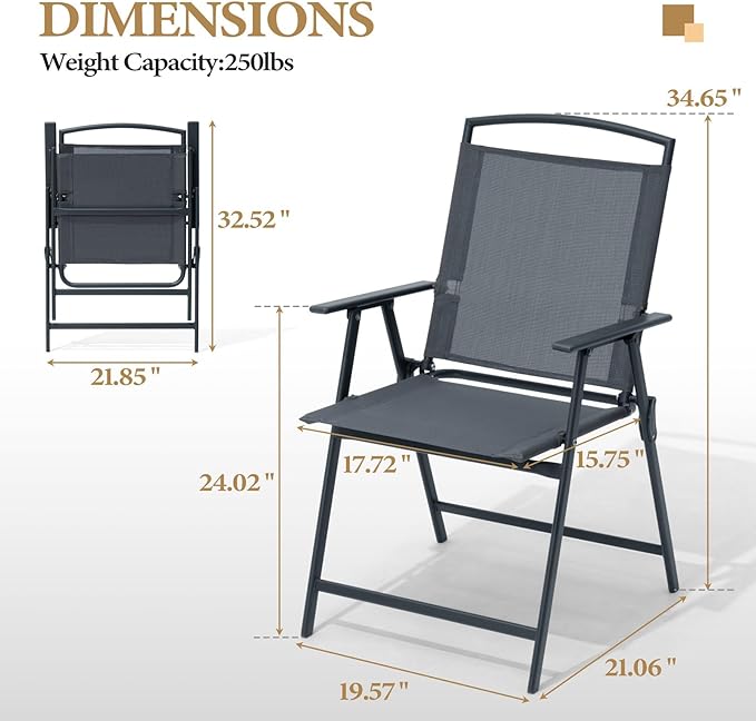 Crestlive Products Folding Patio Chairs Set of 4, Outdoor Foldable Chairs for Outside Portable Lawn Chair with Durable Rust-Resistant Frame and Breathable Textilene Material, Gray