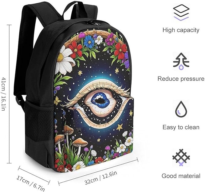 Supdreamc Shoulder Book Bags Anti-Theft Multipurpose Big Capacity Bookbag, Psychedelic Flower Eye Mushroom Trippy Art Travel Hiking Backpack With Smooth Zippers