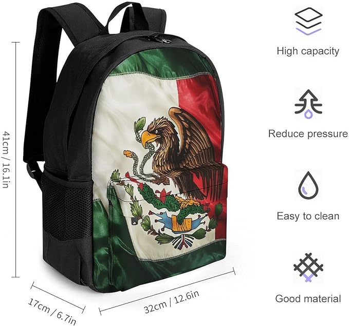 Rucksack Anti-Theft Multipurpose Big Capacity Carry On Bag, Retro Mexico Flag Traveling Camping Backpack With Side Pockets