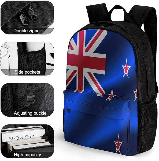 Polyester Daypack for Hiking Work Running, Big Capacity Anti-Theft Multipurpose Shoulder Bag, Flag Of New Zealand Travel and Sport Backpack Rucksack
