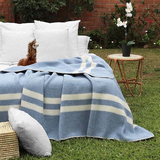 Thick Alpaca Wool Blanket Heavyweight Camping Outdoors Indoors Soft Peru King Size Stripes Design (Soft Blue - Ivory Stripes, King Size)