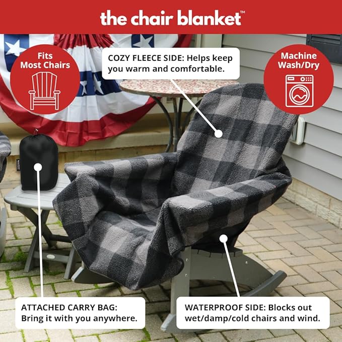 The Chair Blanket – Reversible, Waterproof & Sherpa-Lined - Stretchable Elastic Back - Original Patio Chair Cover – Ideal for Homes and Outdoor Furniture- with Carry Pouch – Gray Plaid
