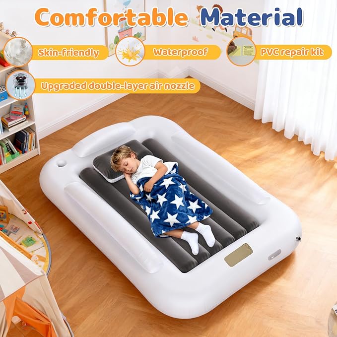 Inflatable Toddler Travel Bed - Toddler Blow Up Bed with Built in Pump - Kids Air Mattress Set with Safety Sides - Portable Ideal for Vacation Camping and Sleepover (60 Inches)