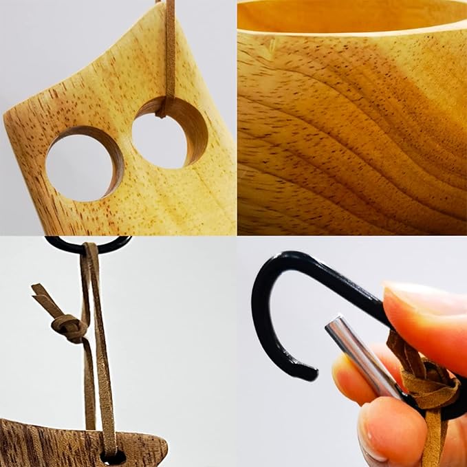 Sanrich Wooden Mug Kuksa Handcrafted Wood Camp Mug Survival Wood Cup Camping Cups & Mugs with Carabiner Leather Lanyard For Drinking Tea Coffee (6 ounces-smooth-two handle hole)