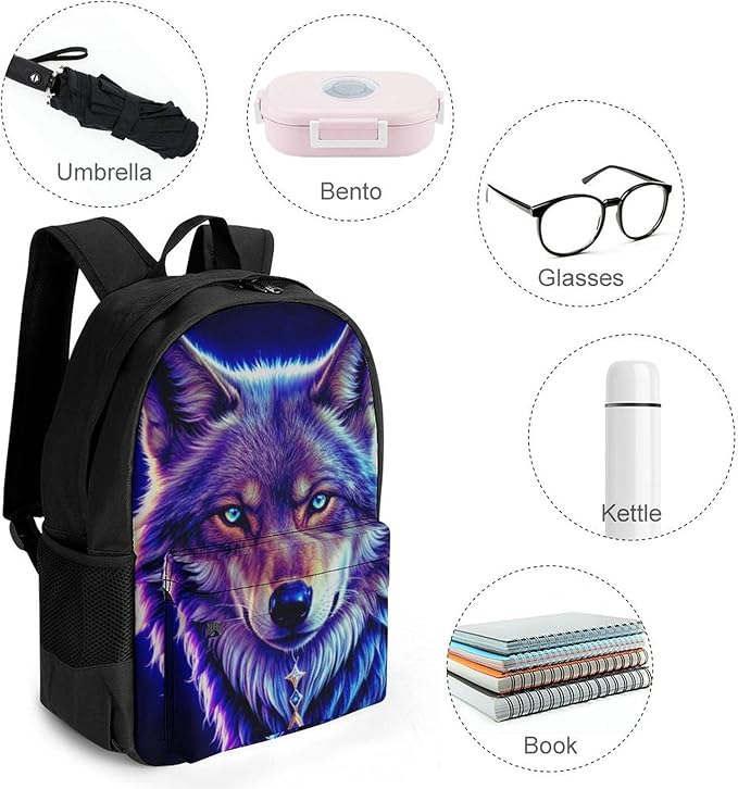 Rucksack Multipurpose Anti-Theft Big Capacity Shoulder Bag, Blue Universe Galaxy Magic Wolf In The Space Travel Hiking Camping Rucksack With Side Pockets