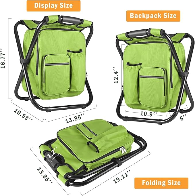 Kikerike Backpack Stool Cooler Chair Heavy Duty 300 LBS Max Load Portable Lightweight Stool Backpack Folding Fishing Cooler Seat for Camping Hunting Fishing - Grass Green