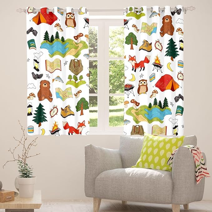 jejeloiu Camper Curtains for Bedroom Living Room Happy Camping Blackout Darkening Drapes Wild Animal Window Treatments, 2 Panels 42 x 84 Inch RV Camping Room Decor