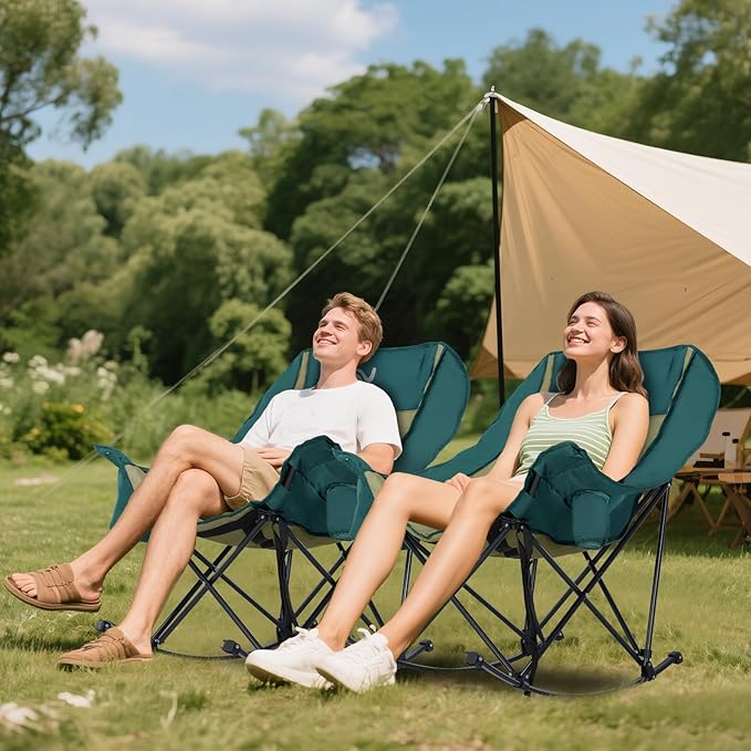 Oversized Rocking Camping Chair for Adults - 330lbs Capacity Heavy Duty Padded Recliner - Folding Lawn Chair with Cooler Bag and Pockets - Portable Rocker Chair Outdoor for Camp Patio Backyard