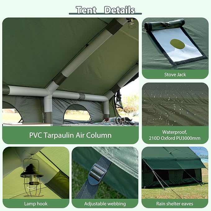 Inflatable Camping Tent with Hand Pump Waterproof Outdoor Blow up Tent 2-8 Person Oxford 4 Season Glamping Air Tent Cabin House with Mesh Windows & Door