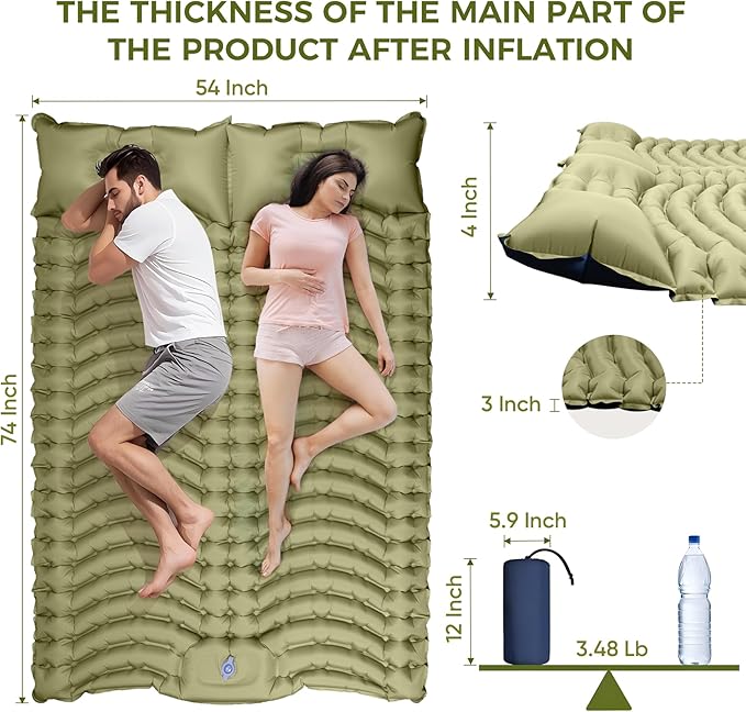 Double Camping Sleeping Pad, Ultra-Lightweight Inflatable Sleeping Mat with Built-in Pillow, Foot Pump, Compact and Portable, Ideal for Outdoor Camping Gear, Backpacking, Hiking(Duo)