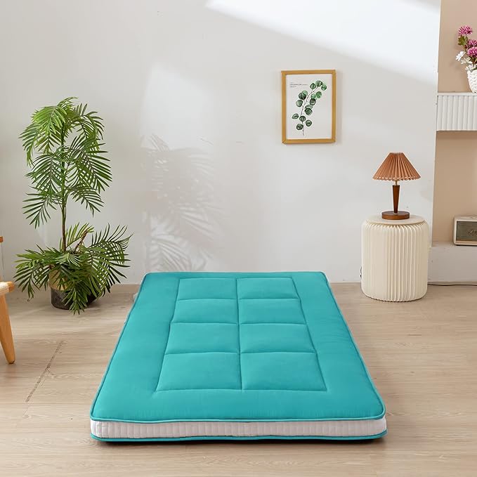 MAXYOYO Twin Bed Mattress Japanese Floor Futon Mattress, Twin Tatami Pad Camping Floor Bed Topper, Easy to Foldable and Portable, Turquoise Futon Single Mat