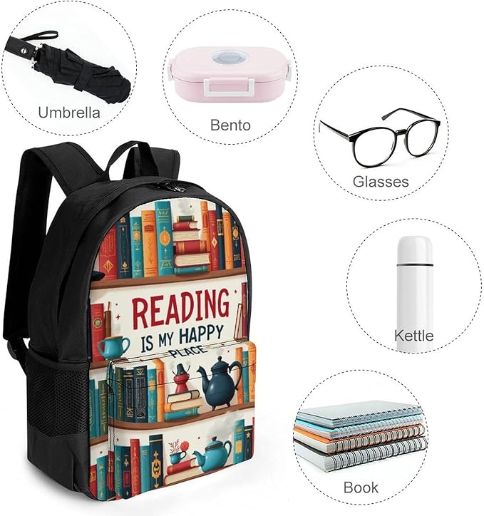 Supdreamc Men Women Lightweight Reading Is My Happy Place Book Lovers Casual Daypack Big Capacity Bookbag With Padded Straps for Gym Travel Walking Cycling