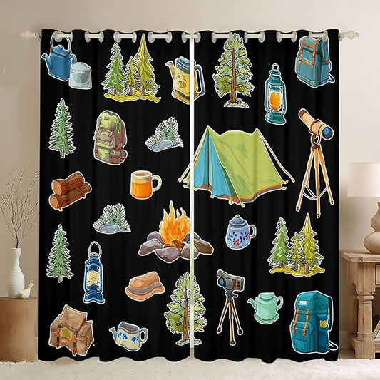 Feelyou Black Camper Theme Curtains for Bedroom Living Room Happy Camping Blackout Shades Adventure Camper Room Darkening Curtain Window Treatments, 2 Panels 42 x 63 Inch Decor