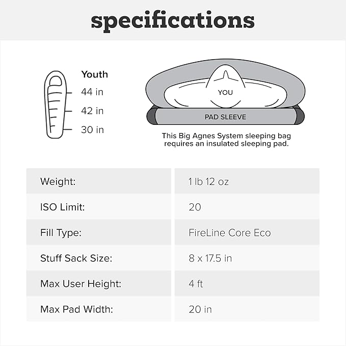 Big Agnes Kids & Youth Sleeping Bag – Ultralight Cold Weather Backpacking & Camping, Kids, Juniors, Teens, 20 Degrees