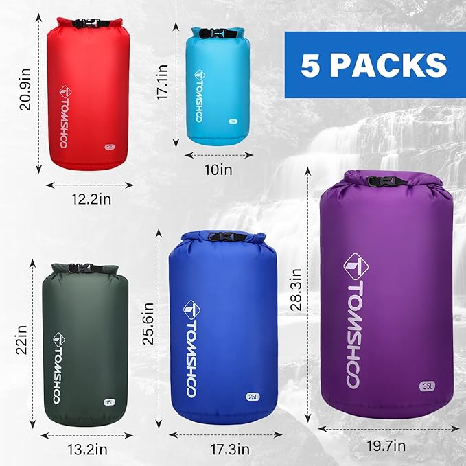 TOMSHOO Dry Bag 3-Pack/5-Pack, Lightweight Waterproof Bags Roll Top Sack Set Keeps Gear Dry for Hiking, Beach, Fishing, Kayaking, Boating, Swimming, Camping