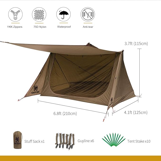 OneTigris Backwoods Bungalow Bushcraft Shelter 2.0, Ultralight Backpacking Tent with with Porch for Camping Hiking Backpacking Motorcycle Kayak Bushcrafters